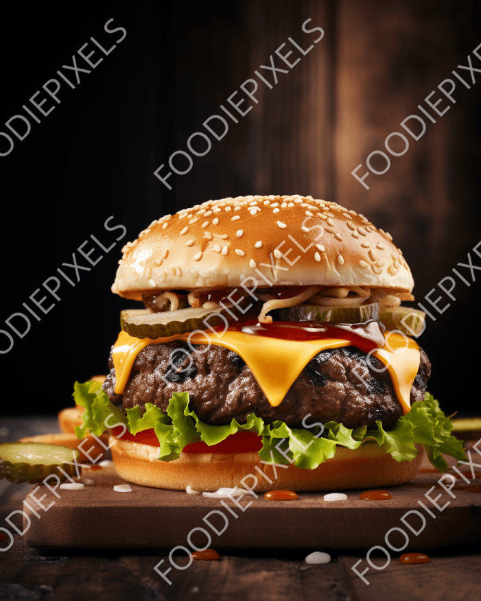 1001 - Saftiger Burger mit Sesambrötchen, geschmolzenem Käse und Gurken – Perfektes Food-Foto für Restaurant-Menükarten