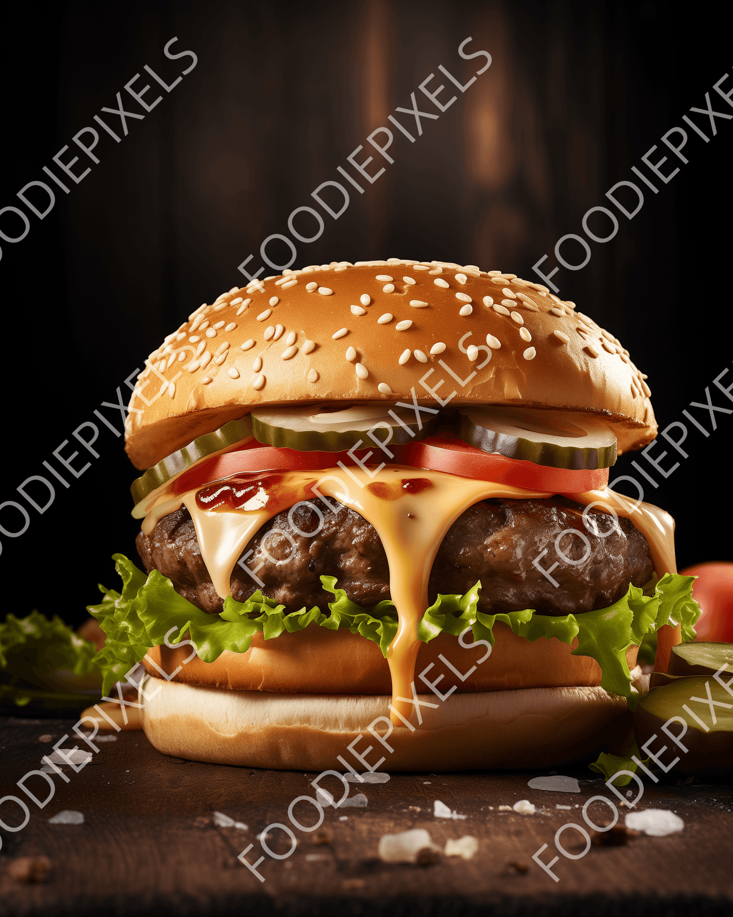 1002 - Saftiger Cheeseburger mit geschmolzenem Käse und Gurkenscheiben – Hochwertiges Food-Foto für Menükarten